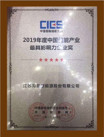 2019年度中国储能产业最具影响力企业奖